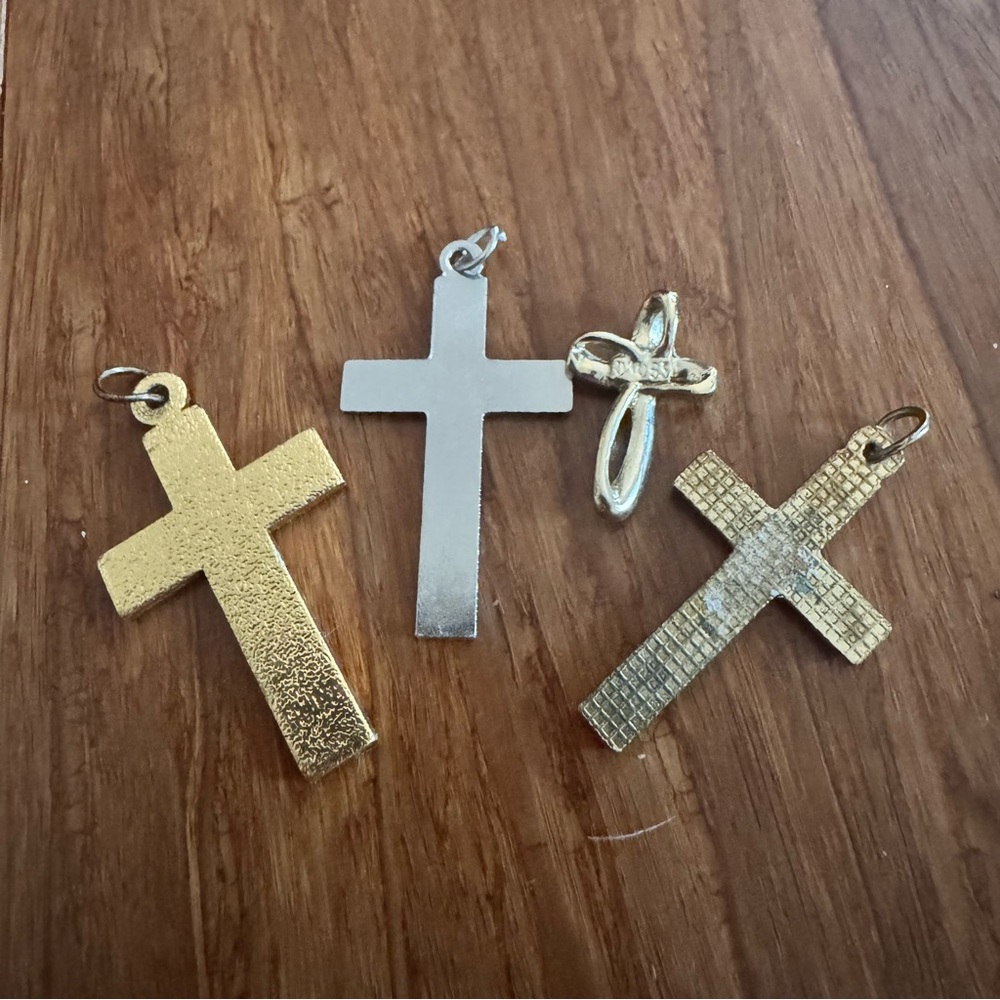 Vintage Cross SET Gold Silver Metal Turquoise Blue Christian Pendant Necklace - Picture 3 of 8